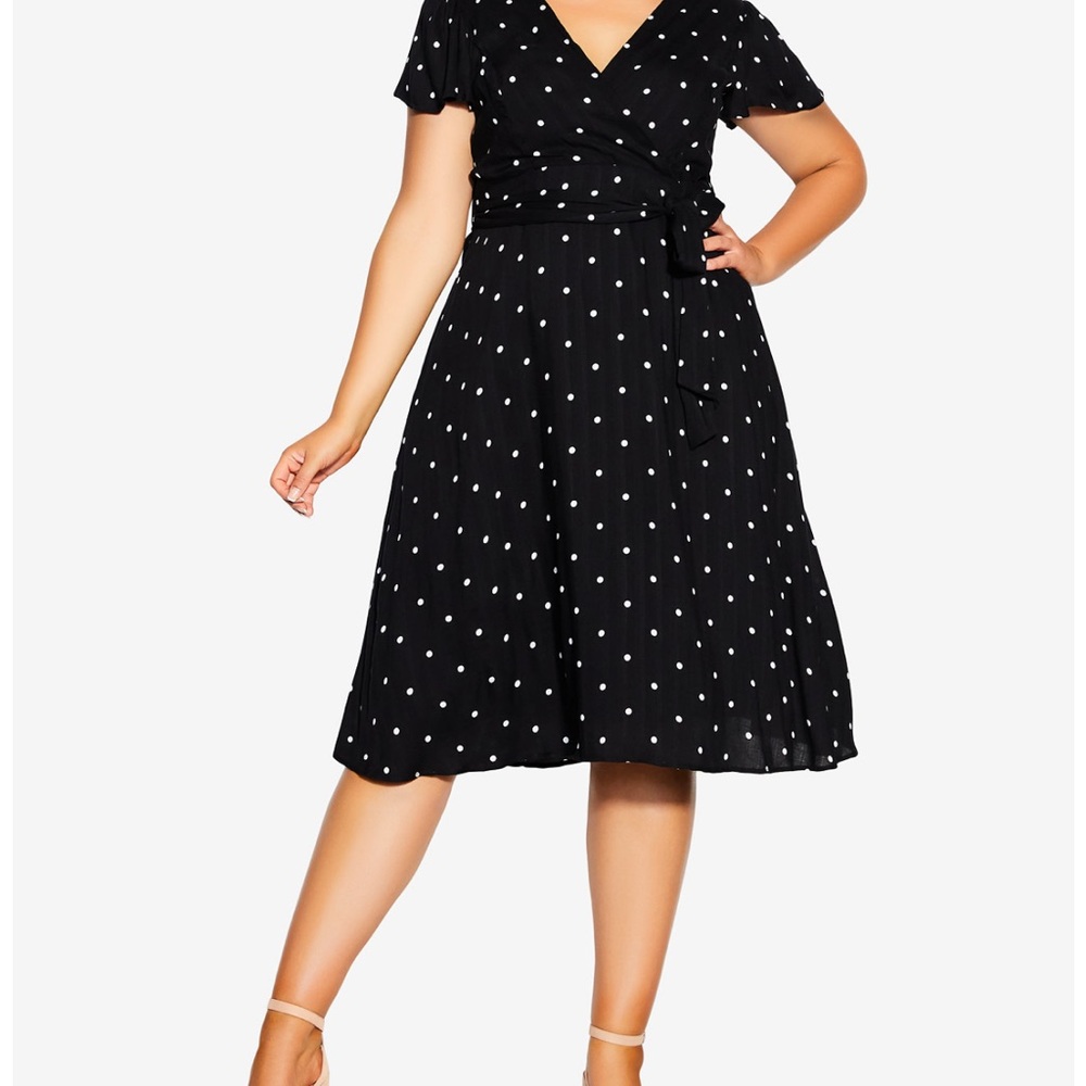 City Chic Black & White Polka Dot Baby Doll Dress, Flutter Sleeve, Tie Waist 16W